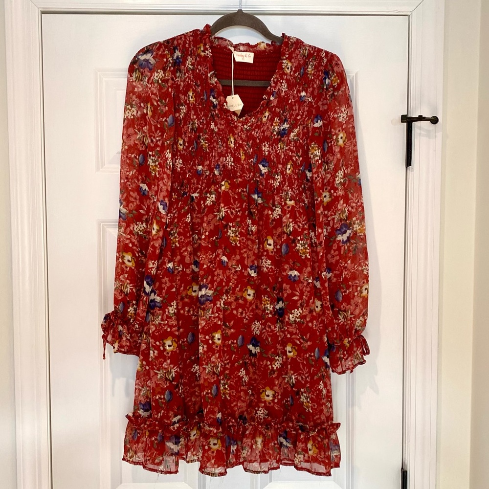 PinkBlush Floral, Long Sleeve, Ruffle Accent Dress Size S